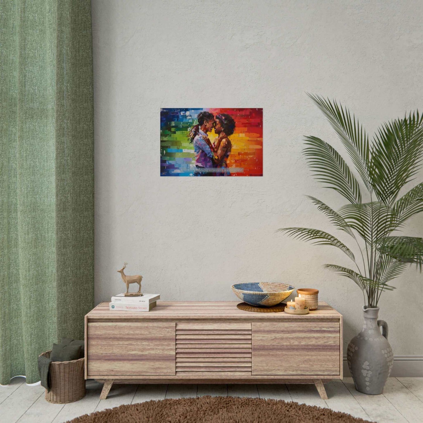 The Exuberant Gay Pride Poster Wall Art by Printify showcases a vivid, rainbow-hued painting of two women sharing an affectionate embrace, their eyes locked with love. The background transitions through a spectrum of rainbow colors. A heartfelt message at the bottom reads, "Pride Month: embracing authenticity, celebrating life!" This dynamic artwork beautifully captures the essence of the LGBTQ+ community.