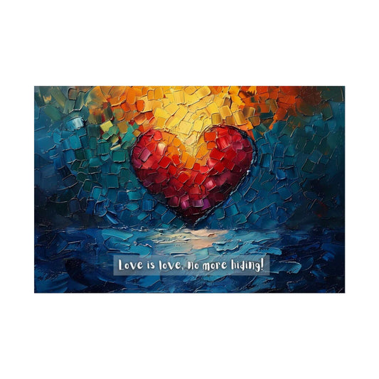 A captivating painting of a heart made from red mosaic tiles with a radiant yellow halo, set against dynamic blue and green brushstrokes. Beneath it, the "Love is Love: Radiant Gay Pride Poster Wall Art" by Printify boldly proclaims in white letters, "Love is love, No more hiding!"āa celebration of the LGBTQ+ community inspired by a heartwarming 6-word story (Product Code: PR-6W-002p).
