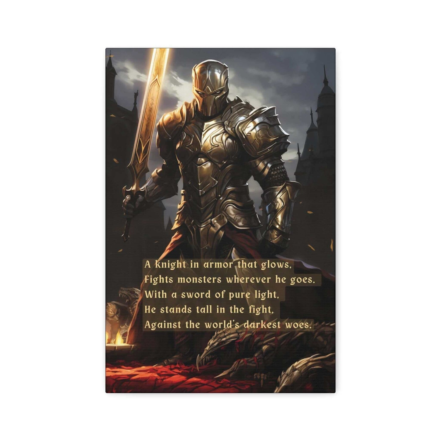 Knight of Light: D&D Inspired Warrior Knight Canvas Wall Art with Uplifting Limerick