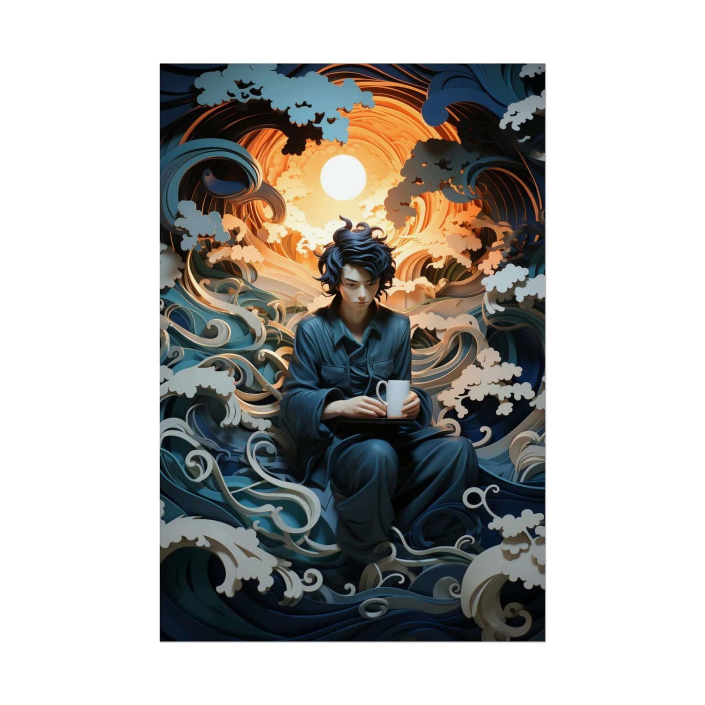 A person with black hair sits against a backdrop of swirling blue waves and clouds, holding a white mug. The scene is depicted in the "Contemplation on the Waves: Japanese-Inspired Layered Paper Fantasy Poster Wall Art" by Printify, stylized and artistic, with a large, glowing sun behind them, creating a surreal and dreamlike atmosphere.