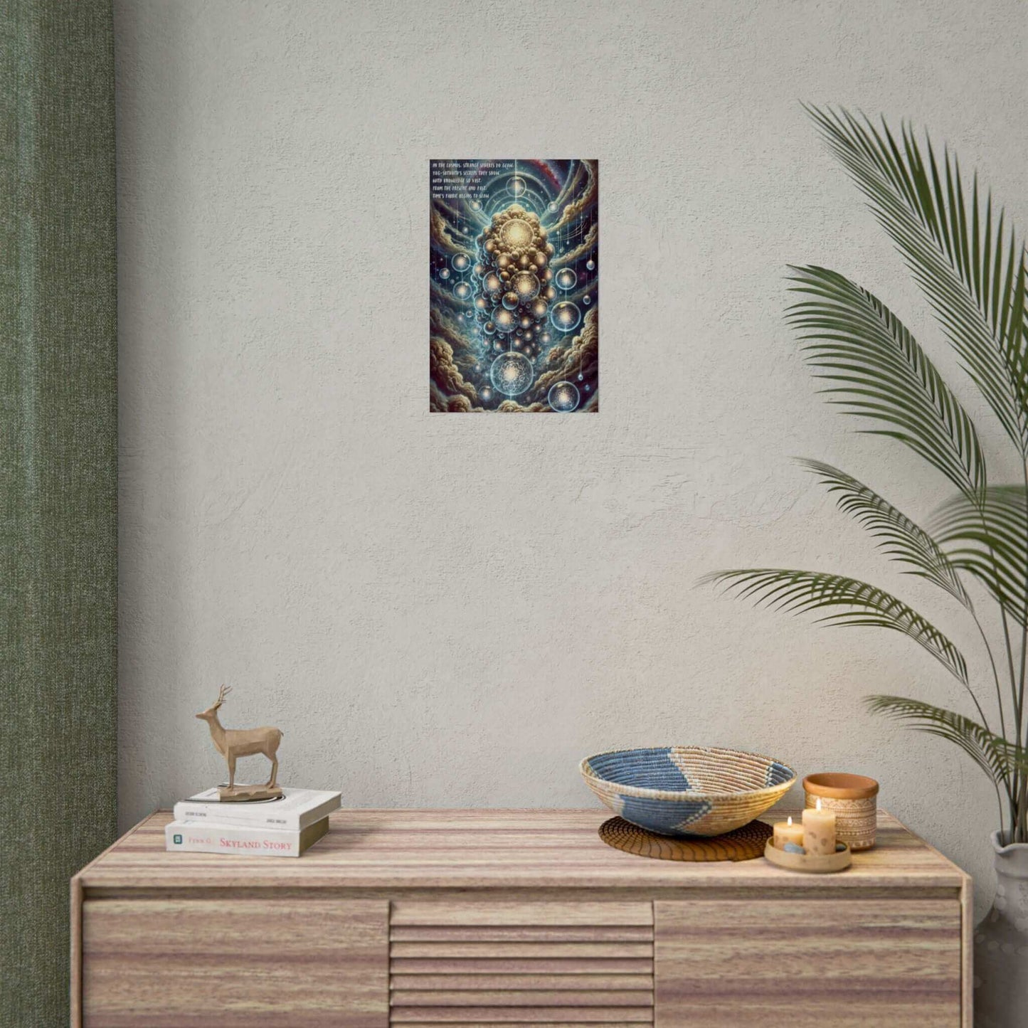 Cosmic Enigma: Ethereal Yog-Sothoth Poster Wall Art showcasing Lovecraftian cosmic entity on display above a modern wooden console table.