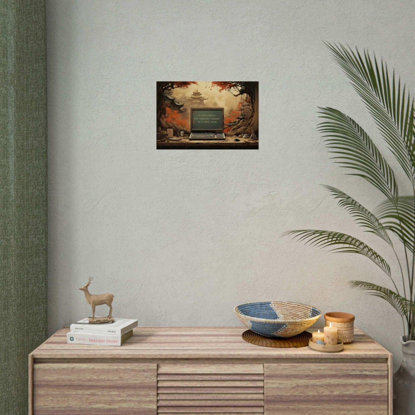Silence after the Crash: Asian-Inspired Forest Temple Poster Wall Art with Astute Haiku