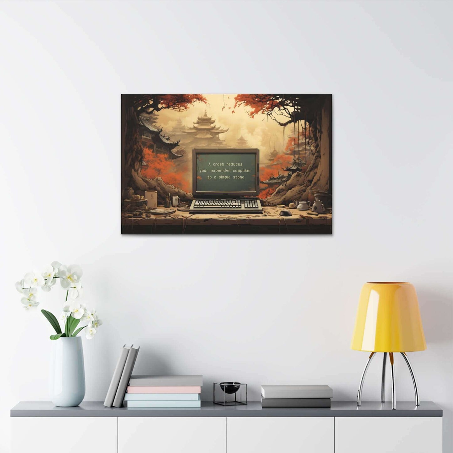 Silence after the Crash: Asian-Inspired Forest Temple Canvas Wall Art with Astute Haiku