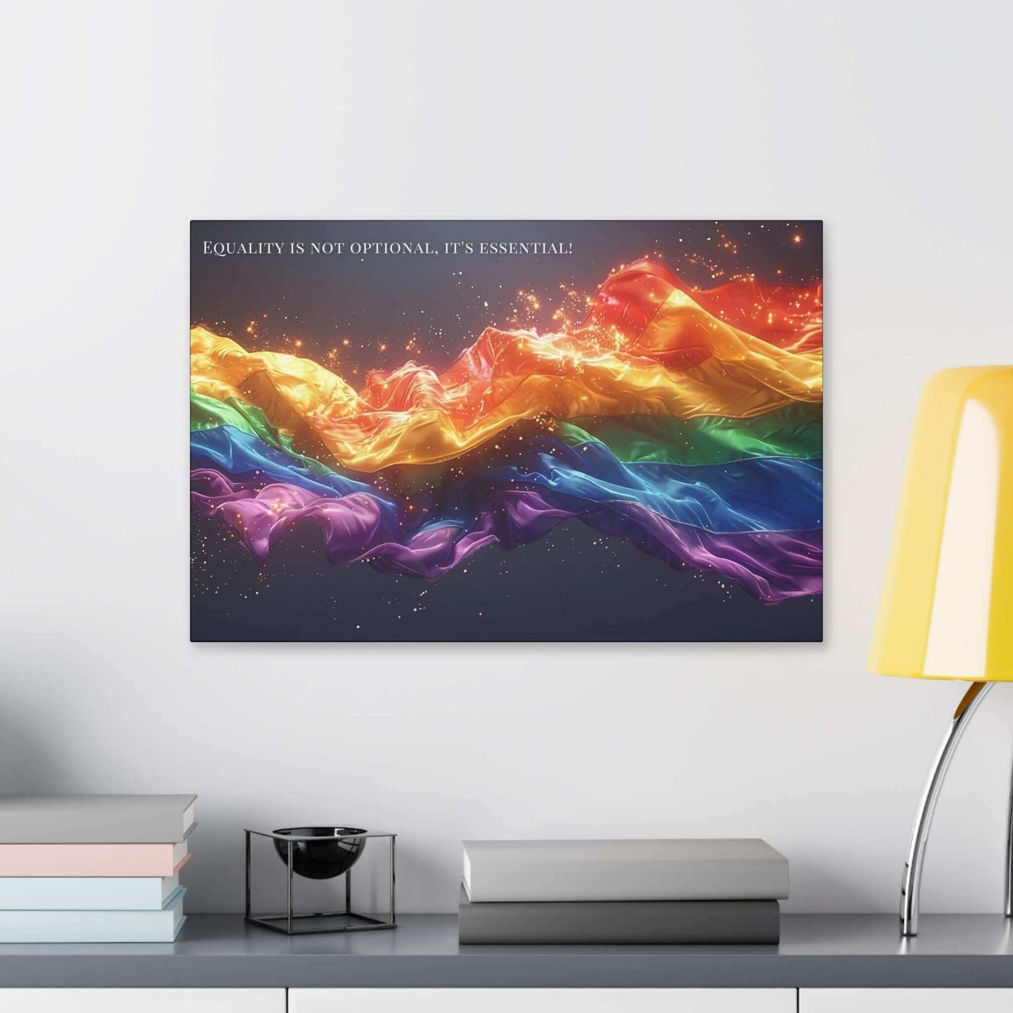 A vibrant, flowing ribbon in the colors of the rainbow, resembling the LGBTQ+ pride flag, stretches across a dark background with sparks and light effects. The "Essential Equality: Radiant Gay Pride Canvas Wall Art" by Printify features text at the top that reads, "Equality for the LGBTQ+ community is not optional, it's essential!