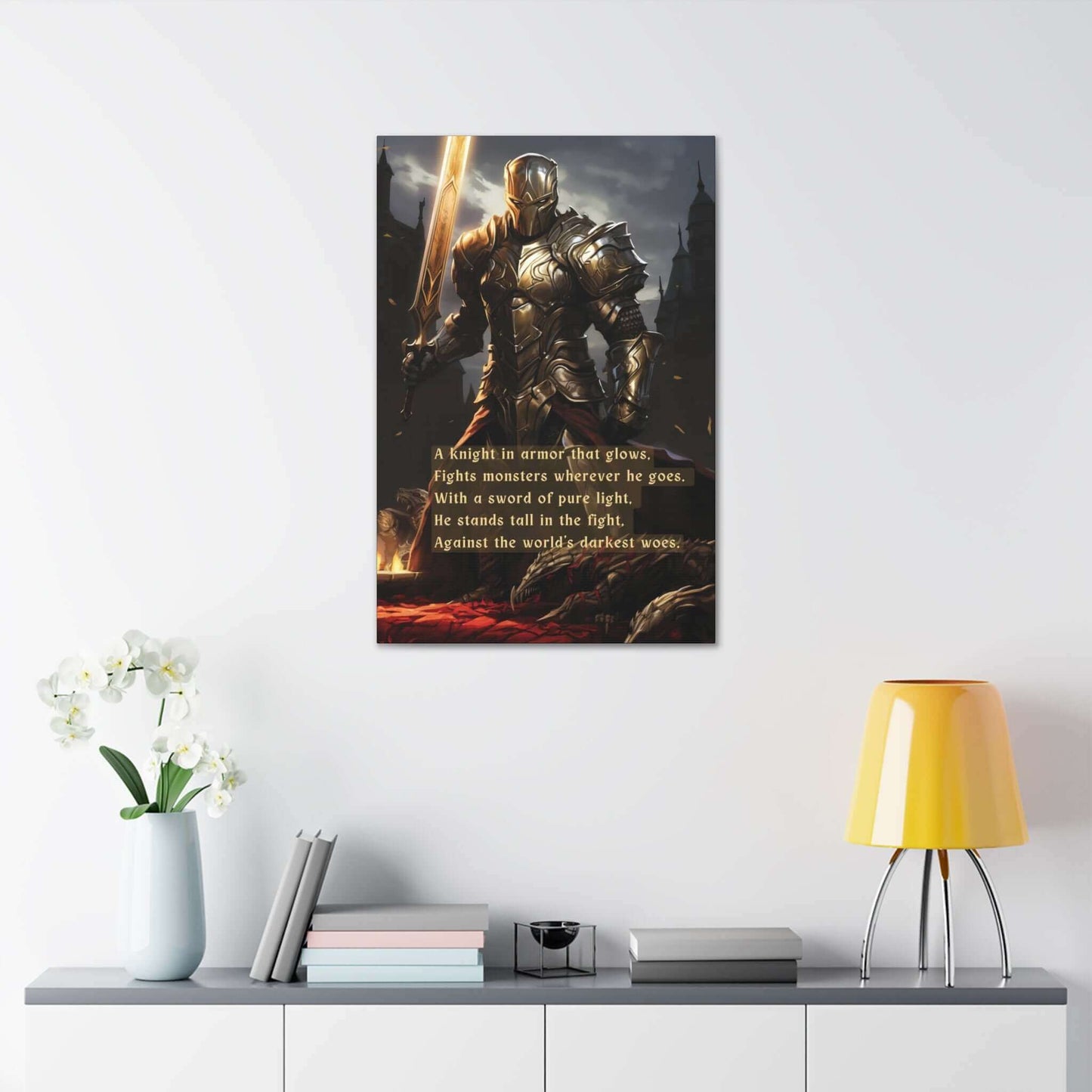 Knight of Light: D&D Inspired Warrior Knight Canvas Wall Art with Uplifting Limerick