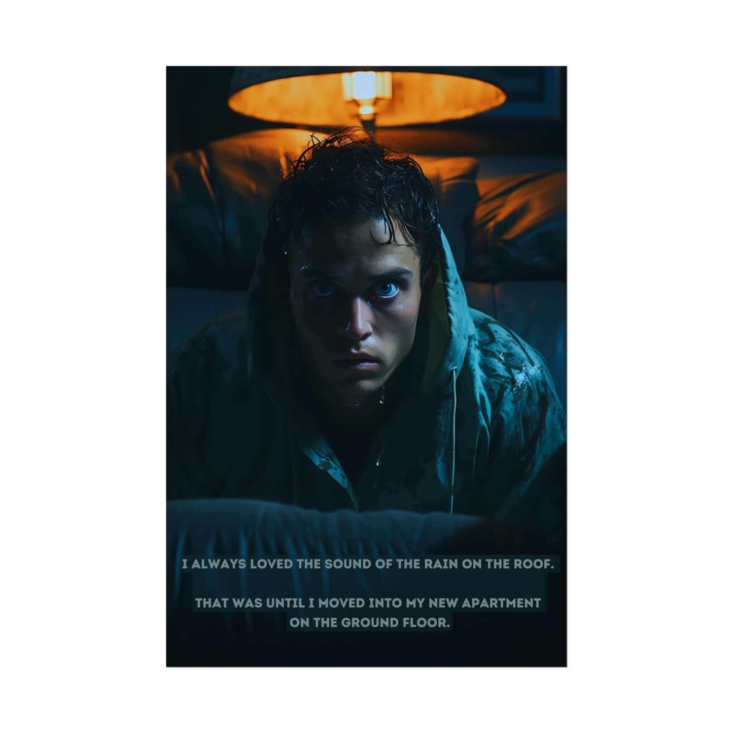 A person with wet hair, drenched in a hoodie, sits under a dim lamp with a fearful expression. Text at the bottom reads, "I always loved the sound of the rain on the roof. That was until I moved into my new apartment on the ground floor." This haunting moment is captured perfectly in Printify's "Dreadful Drizzle: Atmospheric Fear Poster Wall Art with Shocking 2-Sentence Horror Story.