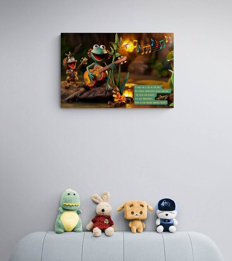 Showtunes in the Swamp: Claymation-Style Poster Wall Art with Lively Limerick and Kitschy Charm