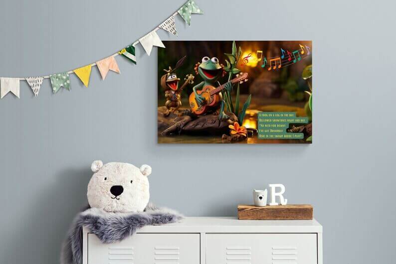 Showtunes in the Swamp: Claymation-Style Poster Wall Art with Lively Limerick and Kitschy Charm