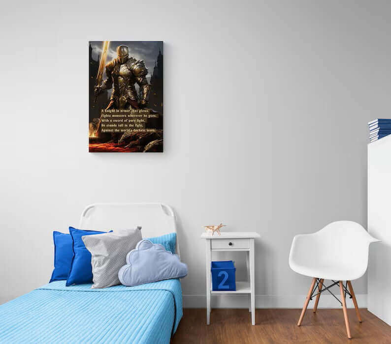 Knight of Light: D&D Inspired Warrior Knight Canvas Wall Art with Uplifting Limerick