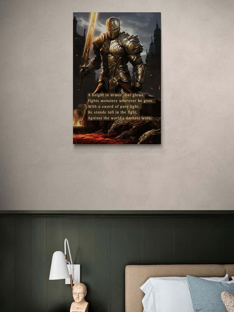 Knight of Light: D&D Inspired Warrior Knight Canvas Wall Art with Uplifting Limerick