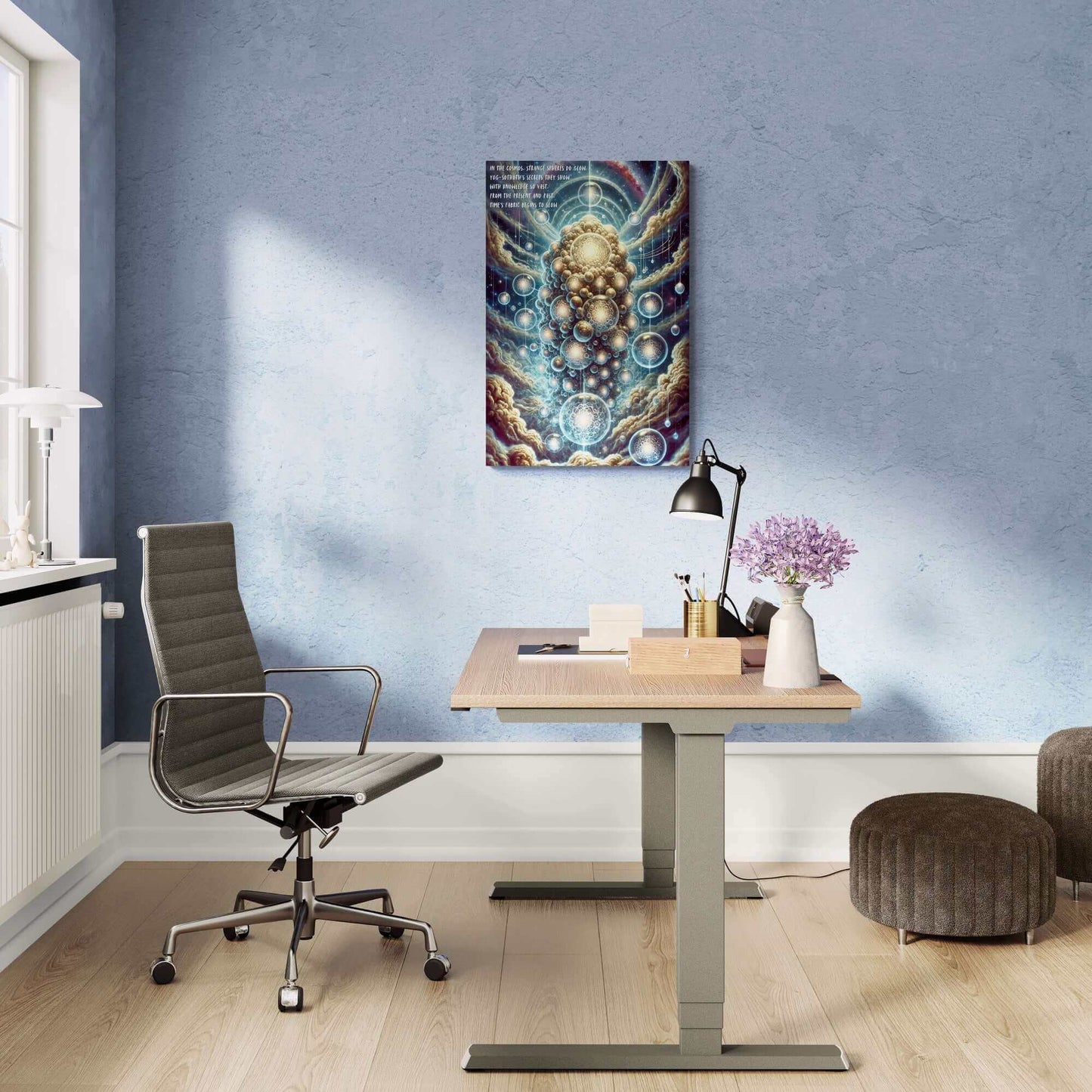 Cosmic Enigma: Ethereal Yog-Sothoth Poster Wall Art displayed above a modern desk in a minimalist home office setup.