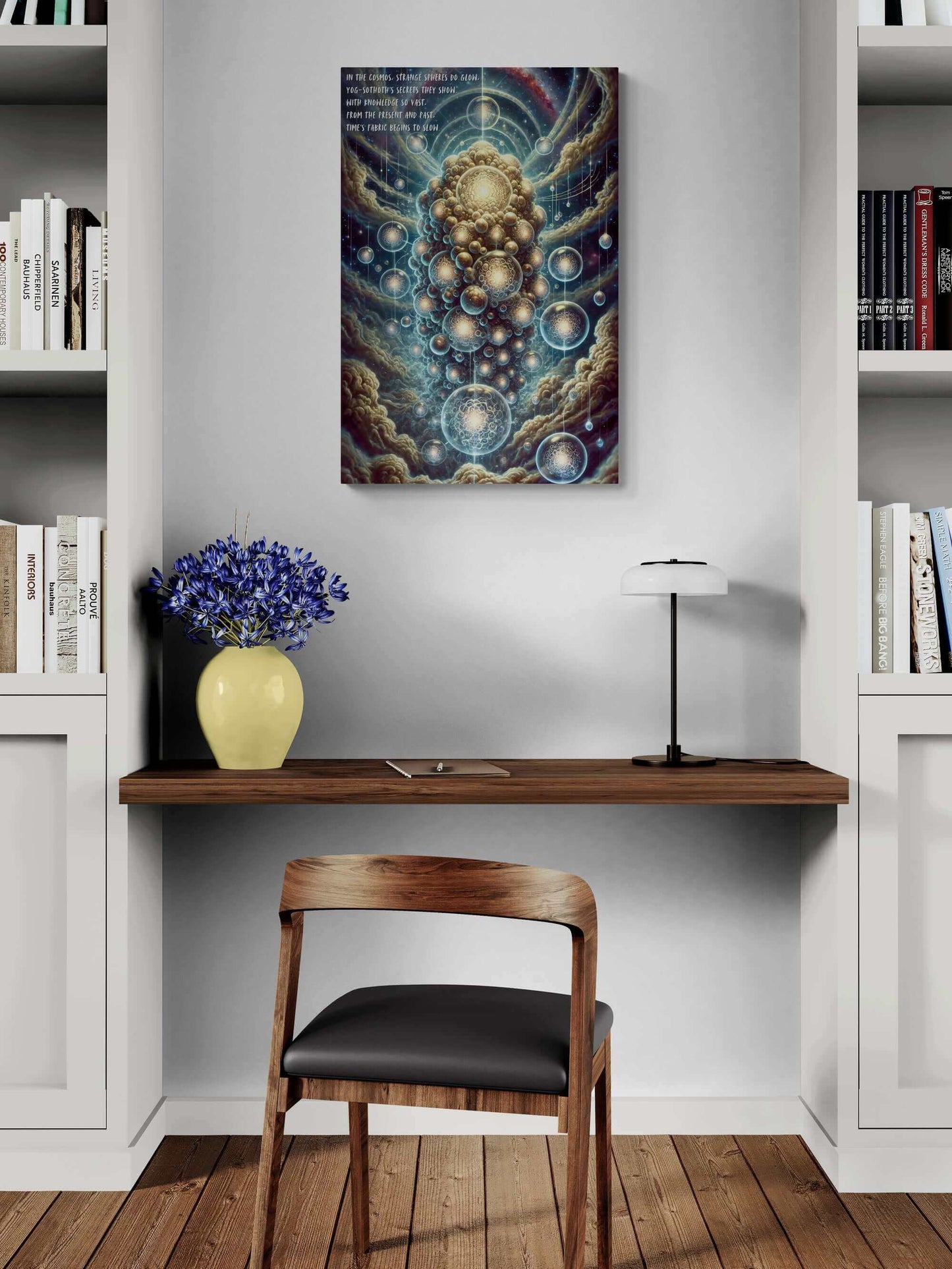 Cosmic Enigma Ethereal Yog-Sothoth Poster Wall Art in modern home office setting, showcasing Lovecraftian cosmic entity.