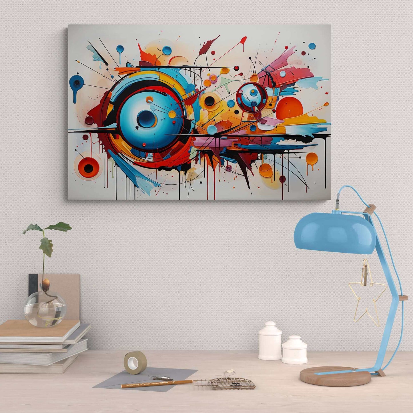 The Dynamic Graffiti Sphere Canvas Wall Art by Printify, titled "Abstract Spherical Explosion with Colorful Splashes," features an abstract expressionism painting with a dynamic composition. Circular forms in vibrant shades of blue, orange, and red dominate the center, surrounded by energetic splashes and drips of paint. This large-format piece creates a compelling sense of movement on a white background.