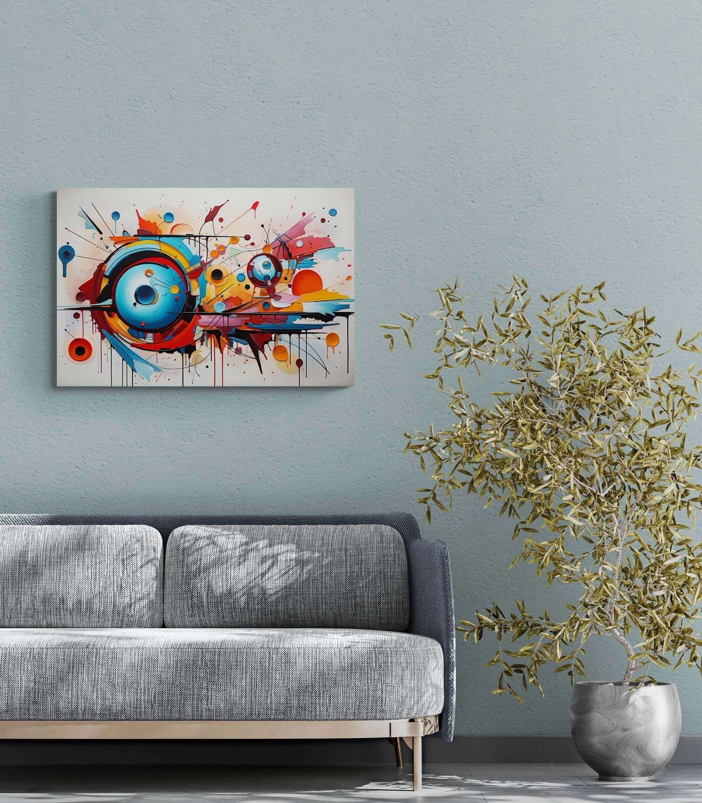 The Dynamic Graffiti Sphere Canvas Wall Art by Printify, titled "Abstract Spherical Explosion with Colorful Splashes," features an abstract expressionism painting with a dynamic composition. Circular forms in vibrant shades of blue, orange, and red dominate the center, surrounded by energetic splashes and drips of paint. This large-format piece creates a compelling sense of movement on a white background.