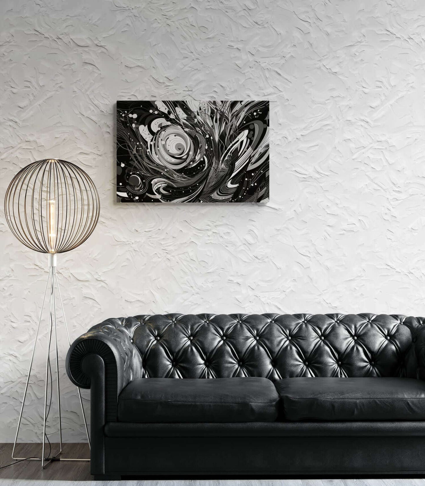 Vortex of Silence: Intricate Black & White Swirling Abstract Canvas Wall Art by Printify features swirling patterns, intricate detailing, curved lines, circles, and organic shapes, creating a sense of dynamic movement and depth.