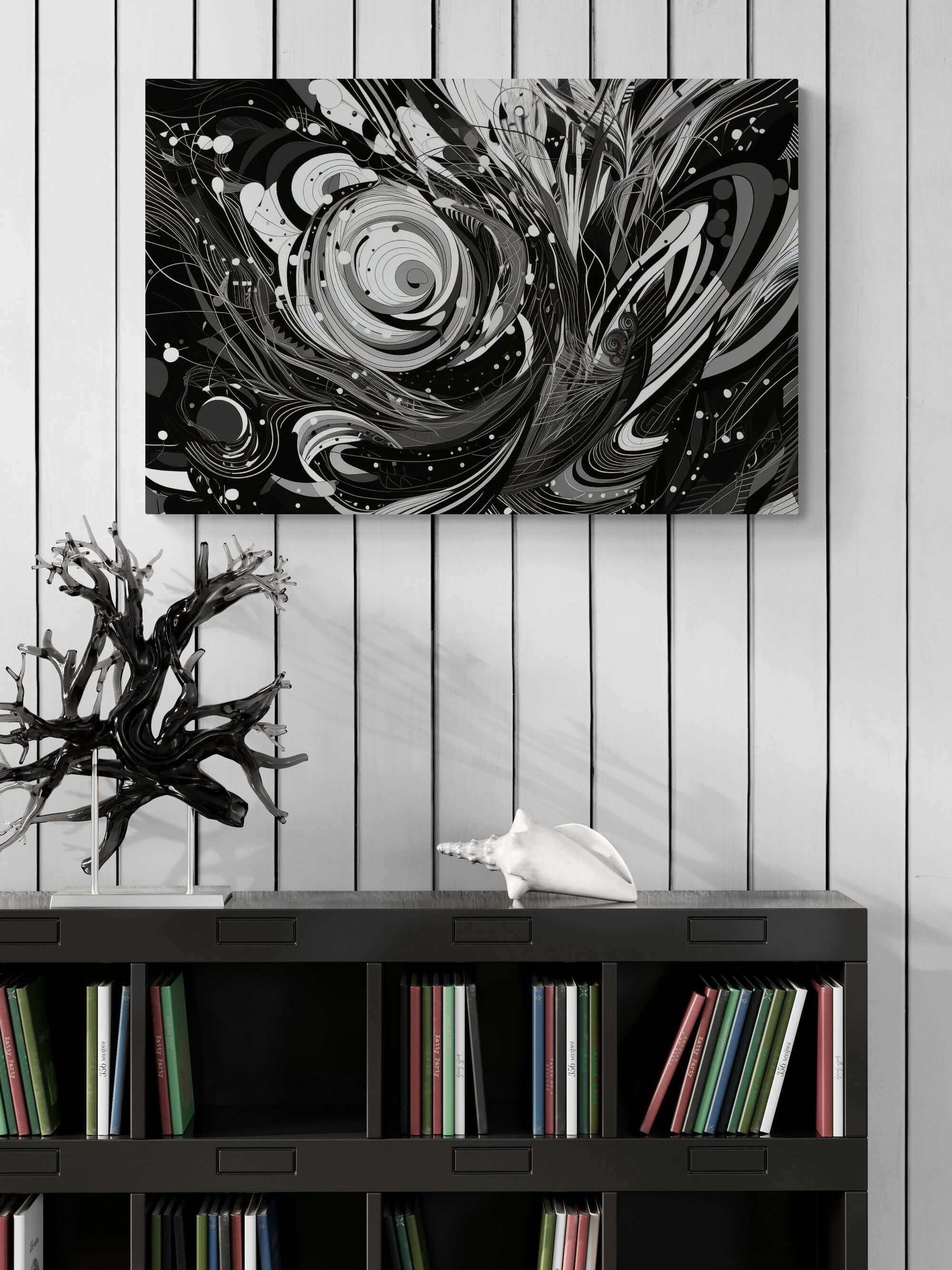 Vortex of Silence: Intricate Black & White Swirling Abstract Canvas Wall Art by Printify features swirling patterns, intricate detailing, curved lines, circles, and organic shapes, creating a sense of dynamic movement and depth.