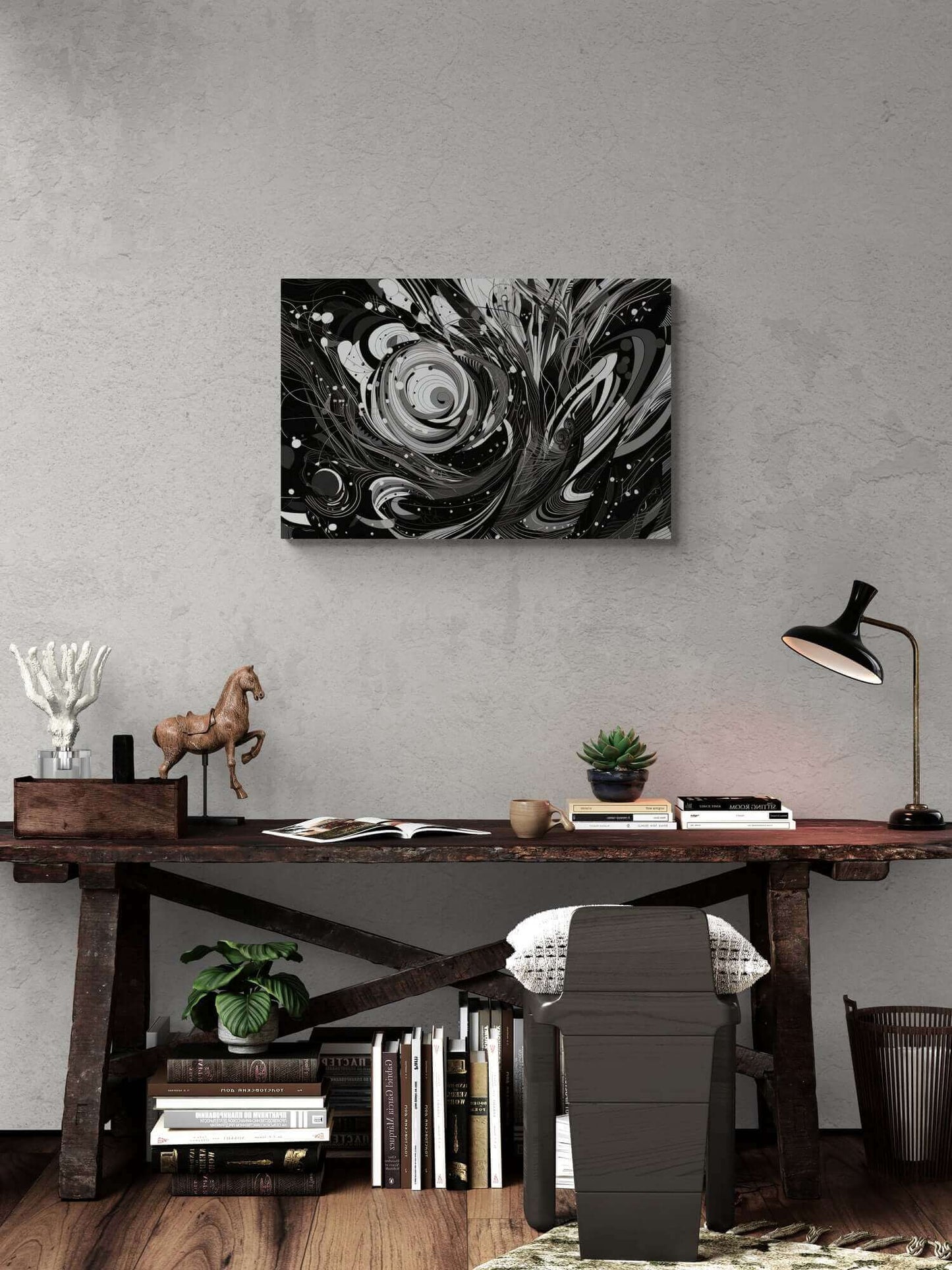 Vortex of Silence: Intricate Black & White Swirling Abstract Canvas Wall Art by Printify features swirling patterns, intricate detailing, curved lines, circles, and organic shapes, creating a sense of dynamic movement and depth.