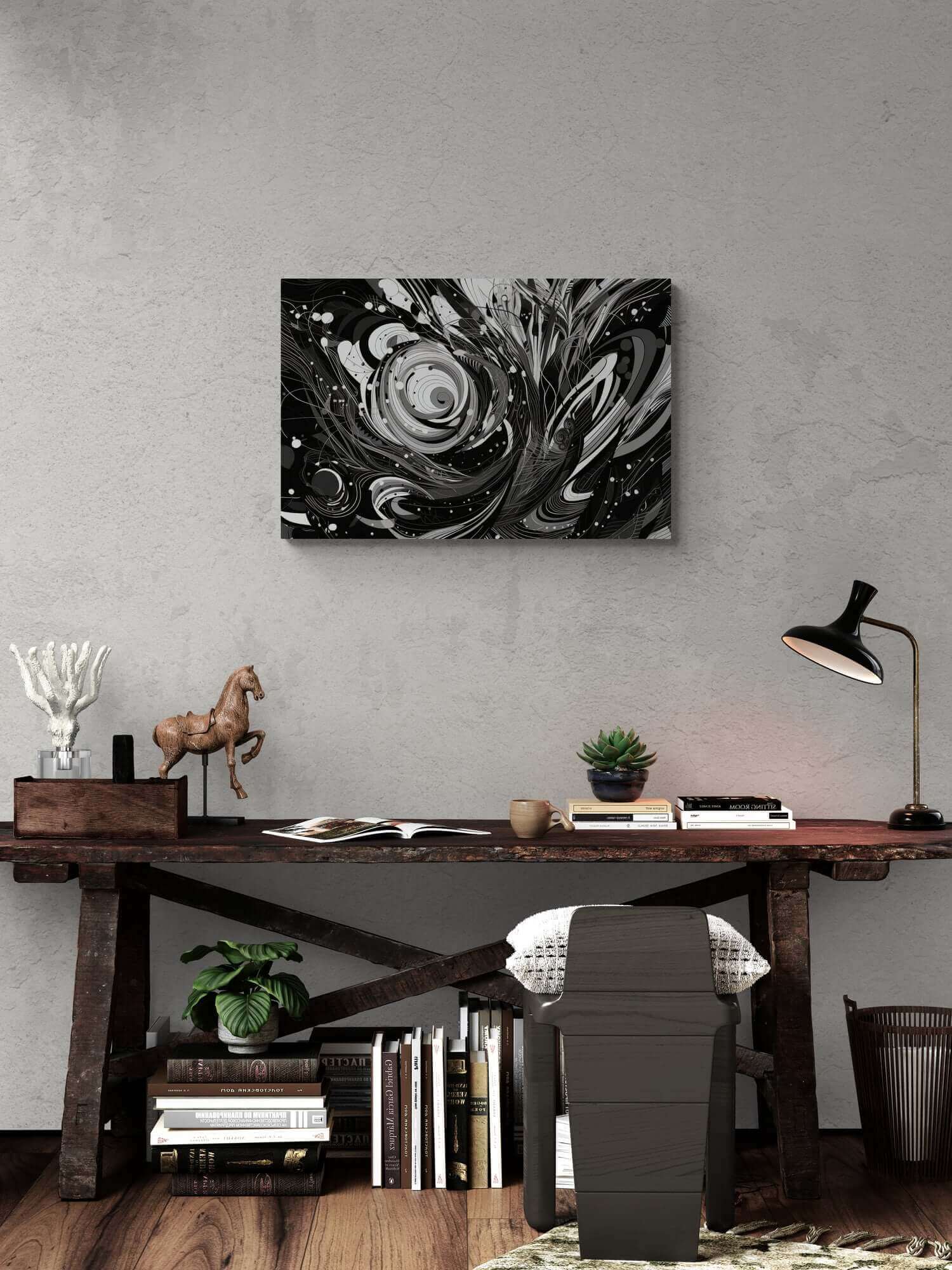 Vortex of Silence: Intricate Black & White Swirling Abstract Canvas Wall Art by Printify features swirling patterns, intricate detailing, curved lines, circles, and organic shapes, creating a sense of dynamic movement and depth.