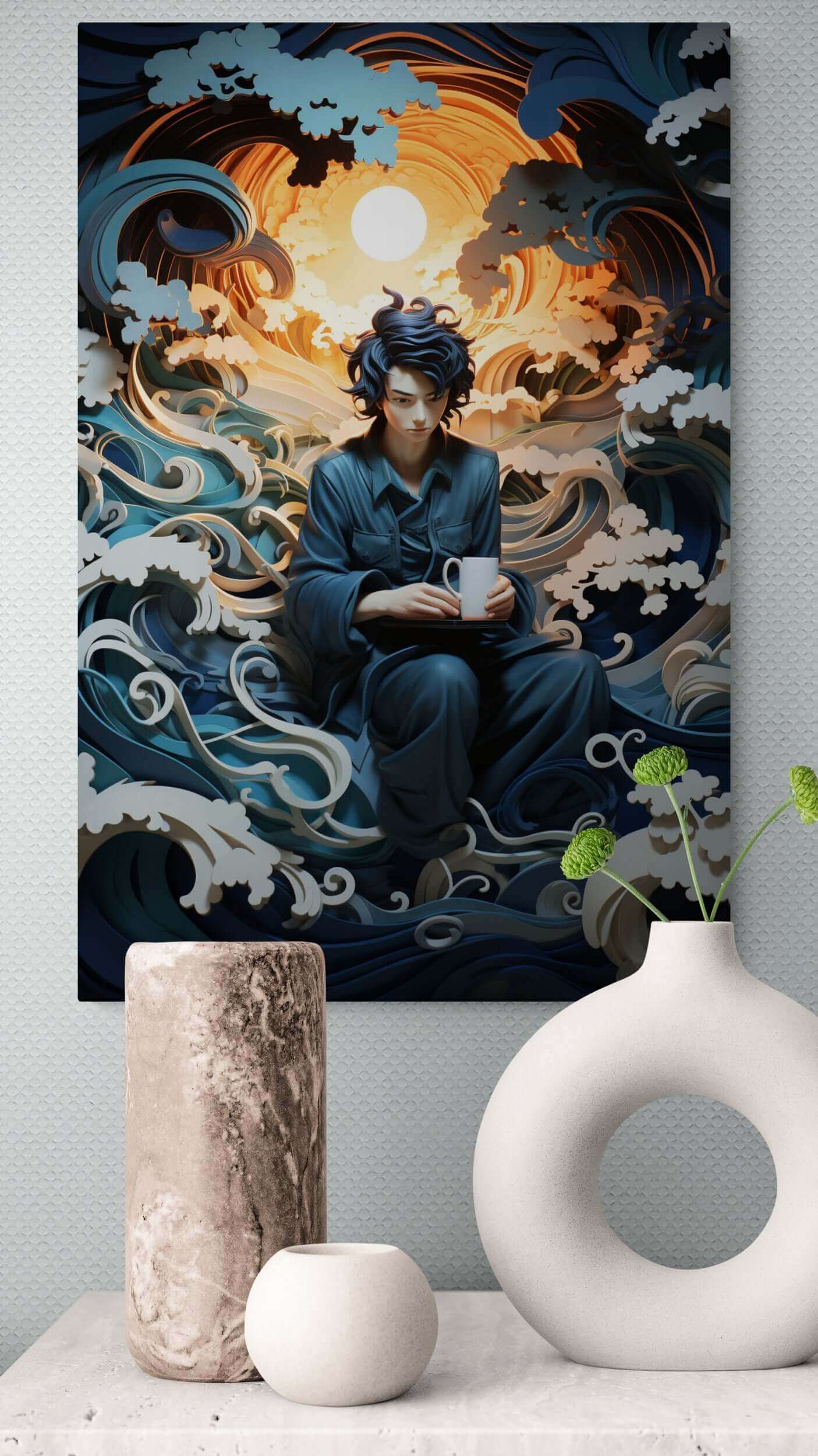 A person with black hair sits against a backdrop of swirling blue waves and clouds, holding a white mug. The scene is depicted in the "Contemplation on the Waves: Japanese-Inspired Layered Paper Fantasy Poster Wall Art" by Printify, stylized and artistic, with a large, glowing sun behind them, creating a surreal and dreamlike atmosphere.