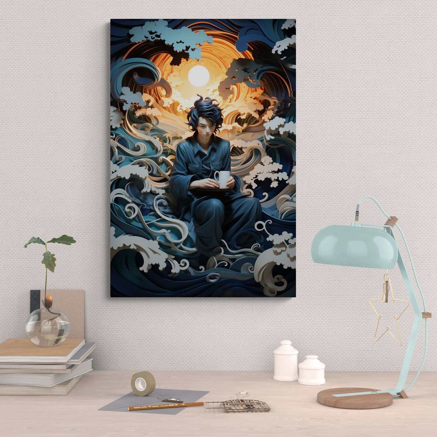 A person with black hair sits against a backdrop of swirling blue waves and clouds, holding a white mug. The scene is depicted in the "Contemplation on the Waves: Japanese-Inspired Layered Paper Fantasy Poster Wall Art" by Printify, stylized and artistic, with a large, glowing sun behind them, creating a surreal and dreamlike atmosphere.