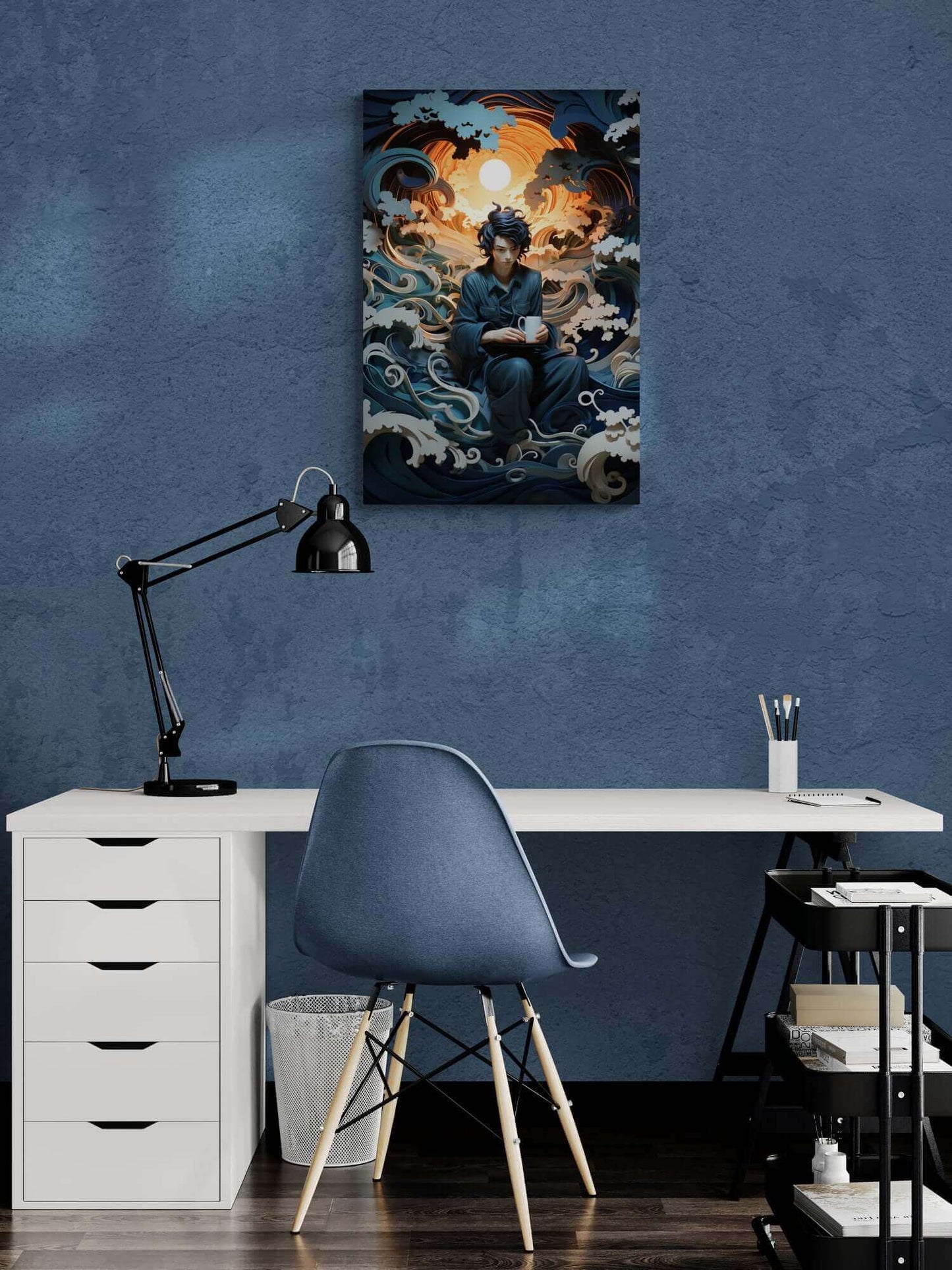 A person with black hair sits against a backdrop of swirling blue waves and clouds, holding a white mug. The scene is depicted in the "Contemplation on the Waves: Japanese-Inspired Layered Paper Fantasy Poster Wall Art" by Printify, stylized and artistic, with a large, glowing sun behind them, creating a surreal and dreamlike atmosphere.
