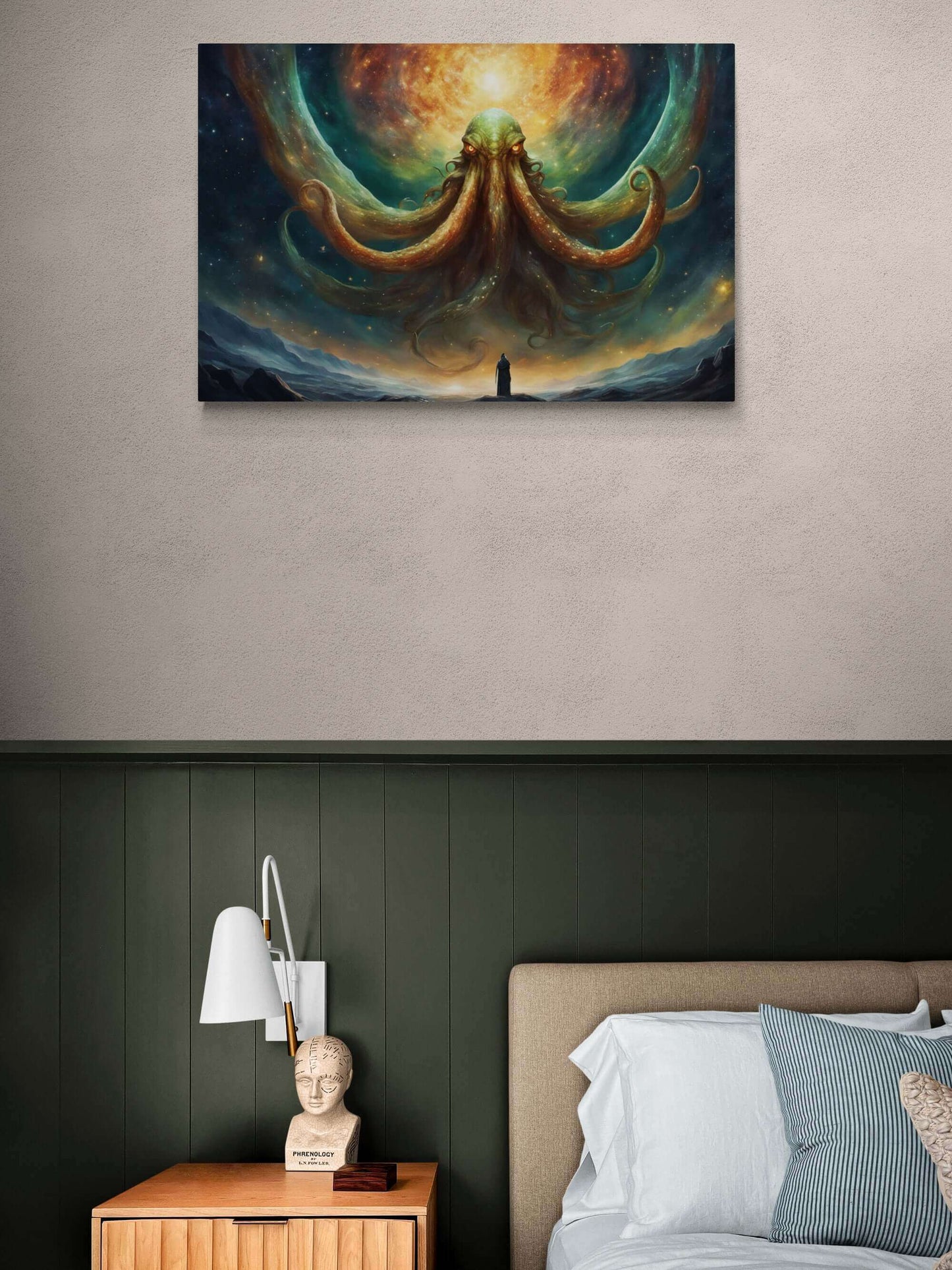 The painting "Cthulhu's Witness: Lovecraftian Night Sky Horror Canvas Wall Art" by Printify portrays a giant, mystical octopus-like creature with glowing eyes, emerging from a swirling cosmic background of vivid oranges and greens. A solitary figure stands atop a mountain, gazing up at the Lovecraftian fantasy being enveloped by a starry sky.