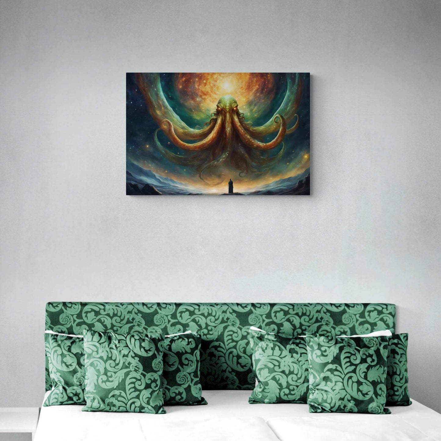The painting "Cthulhu's Witness: Lovecraftian Night Sky Horror Canvas Wall Art" by Printify portrays a giant, mystical octopus-like creature with glowing eyes, emerging from a swirling cosmic background of vivid oranges and greens. A solitary figure stands atop a mountain, gazing up at the Lovecraftian fantasy being enveloped by a starry sky.