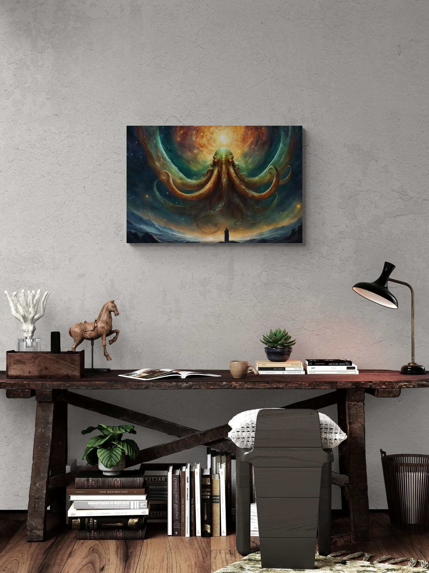 The painting "Cthulhu's Witness: Lovecraftian Night Sky Horror Canvas Wall Art" by Printify portrays a giant, mystical octopus-like creature with glowing eyes, emerging from a swirling cosmic background of vivid oranges and greens. A solitary figure stands atop a mountain, gazing up at the Lovecraftian fantasy being enveloped by a starry sky.