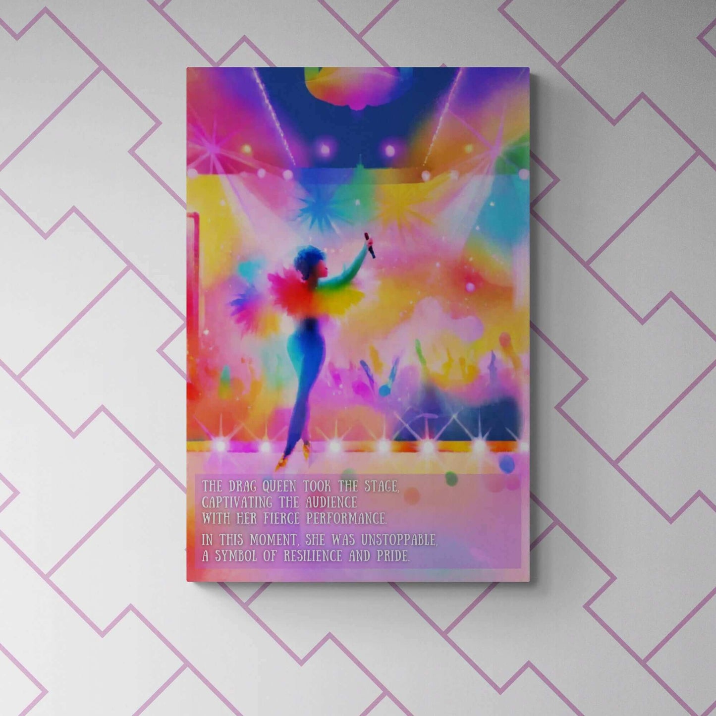 Title: Unstoppable Pride: Radiant Gay Pride Canvas Wall Art, Inspired by Fierce 2-Sentence Story | PR-2S-005c
Description: A vibrant illustration showcases a drag queen on stage, microphone in hand, exuding resilience amidst a colorful, dazzling background. Audience silhouettes cheer energetically. Text reads: "The drag queen took the stage, captivating the audience with her fierce performance and pride."
Brand Name: Printify