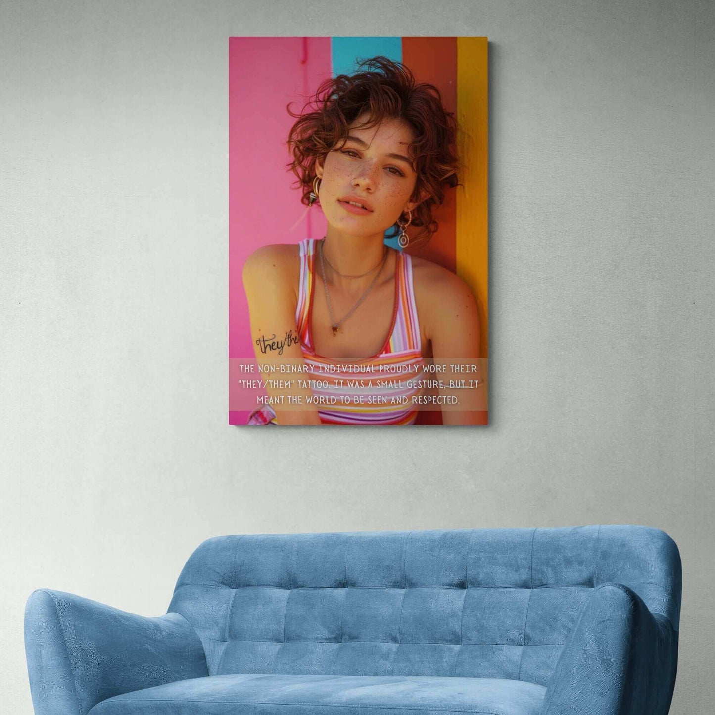 A person with short, curly hair and freckles stands against a multicolored wall, wearing a striped tank top and jewelry. They have a tattoo on their arm that reads "they/them." Text on the image reads: "The non-binary individual proudly displayed their 'They/Them' tattoo. It was a small gesture, but it meant the world for their self-expression to be seen." Featured in the scene is Printify's "They/Them: Bold Gay Pride Poster Wall Art, Inspired by Meaningful 2-Sentence Story | PR-2S-007p."