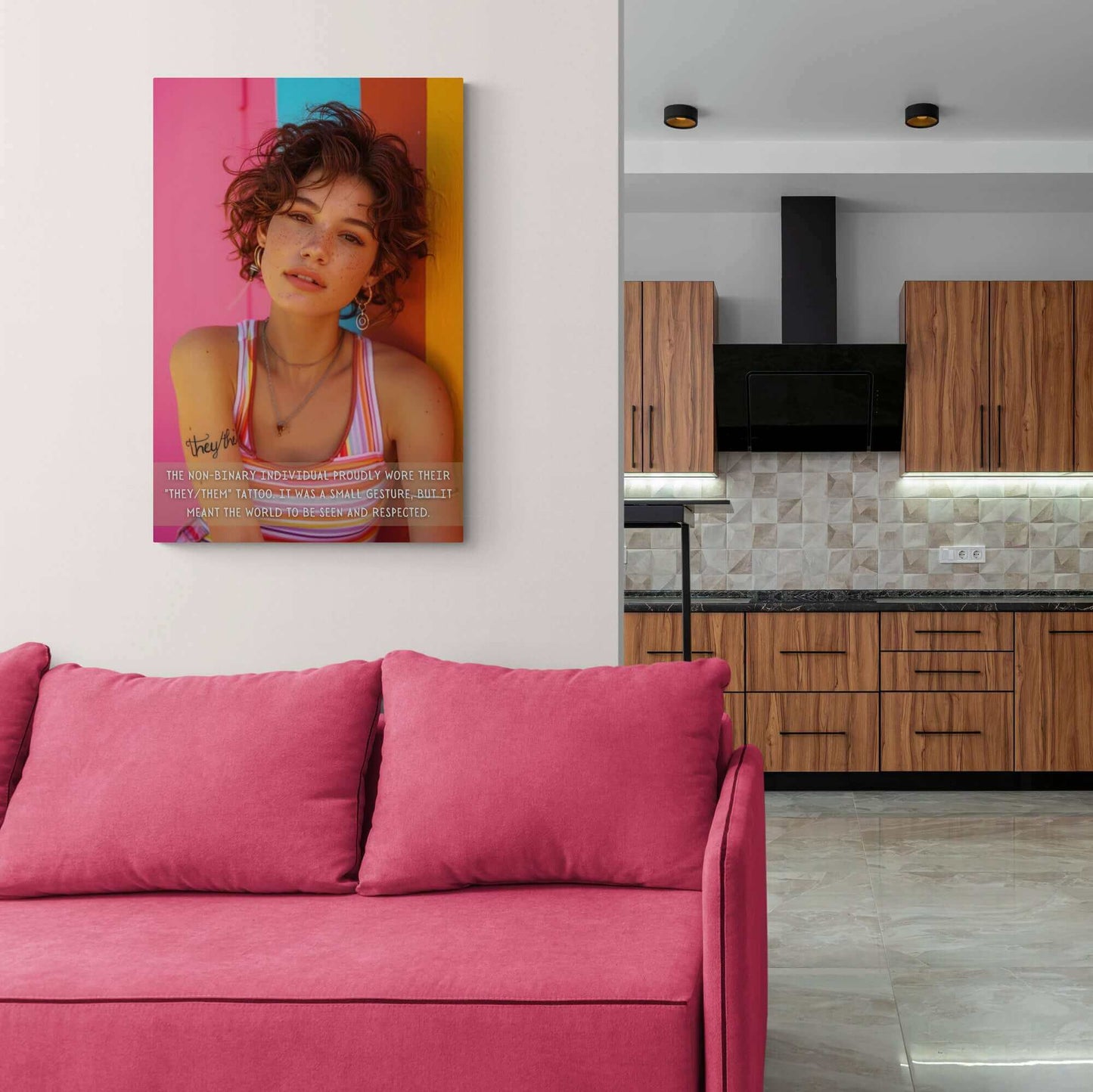 A person with short, curly hair and freckles stands against a multicolored wall, wearing a striped tank top and jewelry. They have a tattoo on their arm that reads "they/them." Text on the image reads: "The non-binary individual proudly displayed their 'They/Them' tattoo. It was a small gesture, but it meant the world for their self-expression to be seen." Featured in the scene is Printify's "They/Them: Bold Gay Pride Poster Wall Art, Inspired by Meaningful 2-Sentence Story | PR-2S-007p."