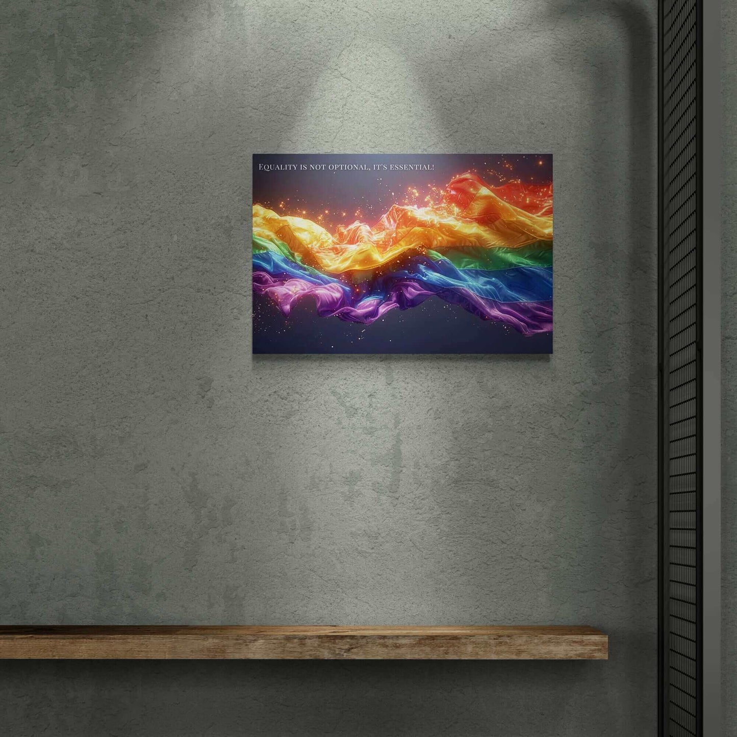 A vibrant, flowing ribbon in the colors of the rainbow, resembling the LGBTQ+ pride flag, stretches across a dark background with sparks and light effects. The "Essential Equality: Radiant Gay Pride Canvas Wall Art" by Printify features text at the top that reads, "Equality for the LGBTQ+ community is not optional, it's essential!