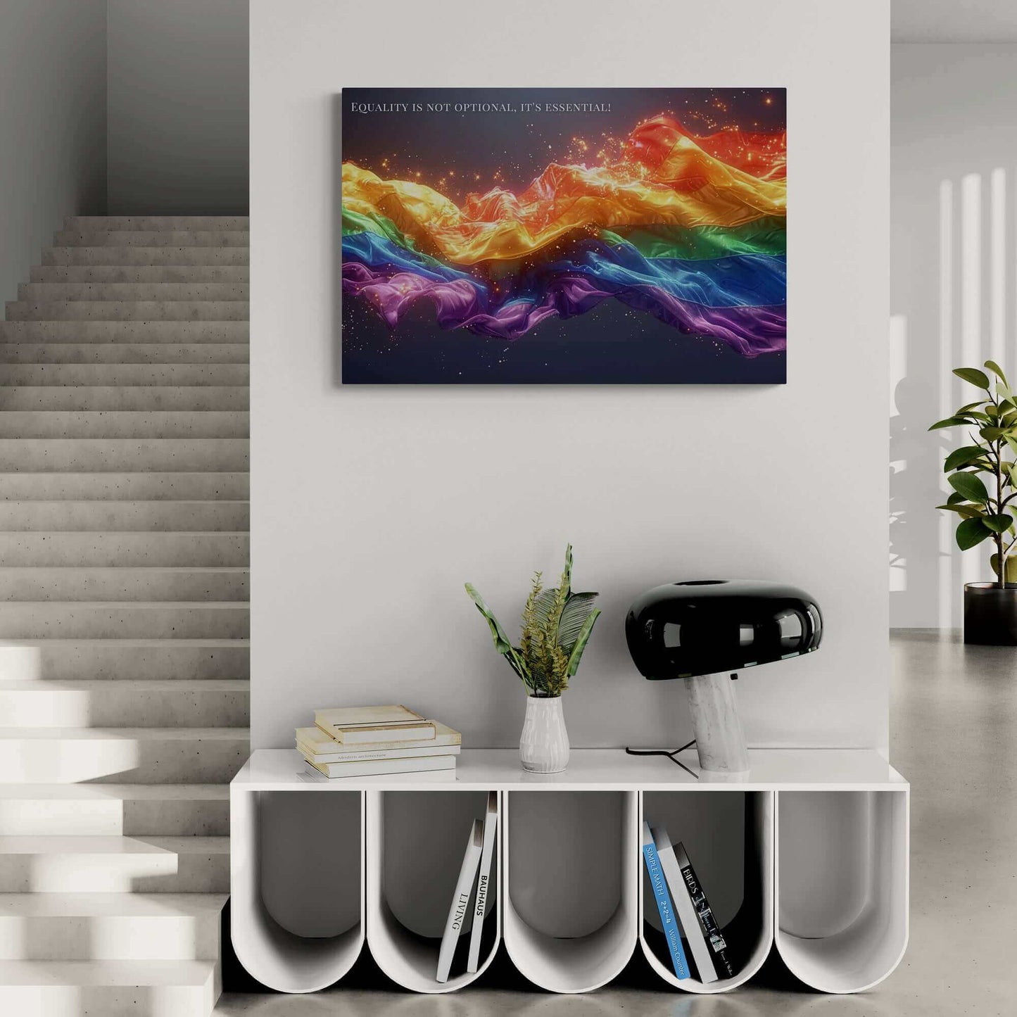 A vibrant, flowing ribbon in the colors of the rainbow, resembling the LGBTQ+ pride flag, stretches across a dark background with sparks and light effects. The "Essential Equality: Radiant Gay Pride Canvas Wall Art" by Printify features text at the top that reads, "Equality for the LGBTQ+ community is not optional, it's essential!