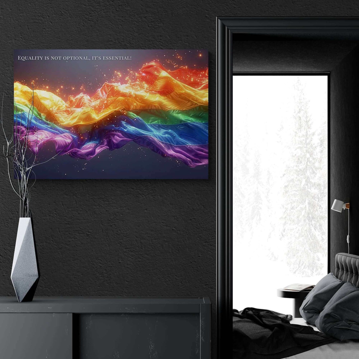 A vibrant, flowing ribbon in the colors of the rainbow, resembling the LGBTQ+ pride flag, stretches across a dark background with sparks and light effects. The "Essential Equality: Radiant Gay Pride Canvas Wall Art" by Printify features text at the top that reads, "Equality for the LGBTQ+ community is not optional, it's essential!