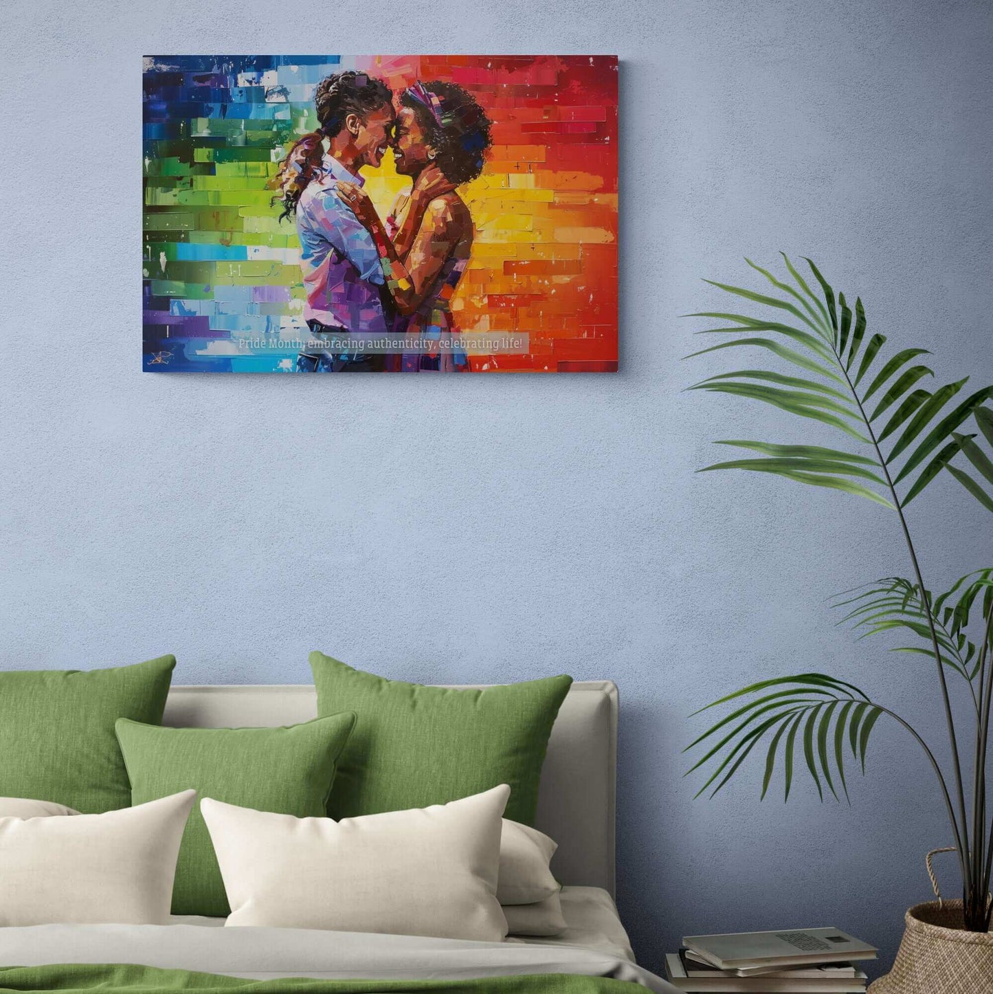 The Exuberant Gay Pride Canvas Wall Art by Printify depicts a romantic embrace between two women standing closely with their foreheads touching. The background features a vibrant rainbow of colors, symbolizing LGBTQ+ pride. Below them, the text reads "Pride Month: embracing authenticity, celebrating life within the LGBTQ+ community.
