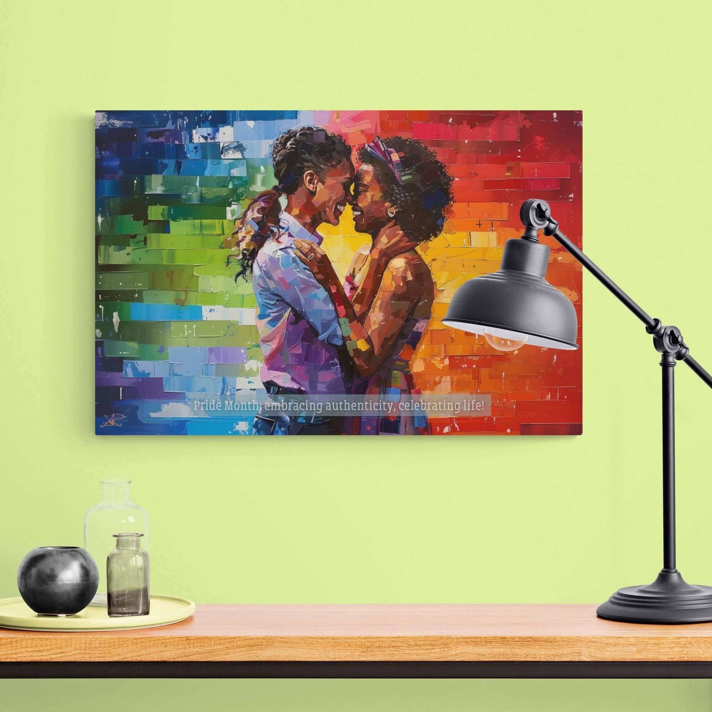 The Exuberant Gay Pride Canvas Wall Art by Printify depicts a romantic embrace between two women standing closely with their foreheads touching. The background features a vibrant rainbow of colors, symbolizing LGBTQ+ pride. Below them, the text reads "Pride Month: embracing authenticity, celebrating life within the LGBTQ+ community.