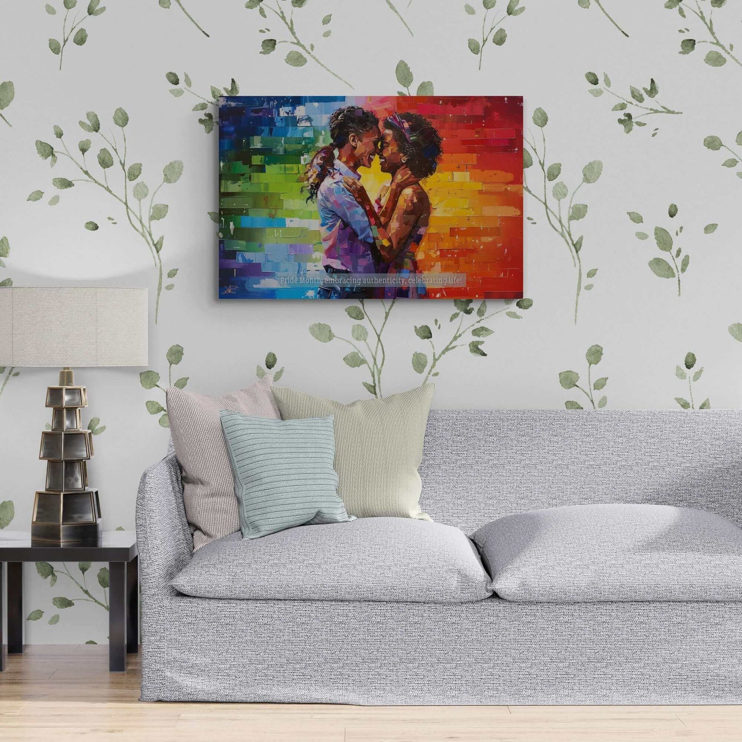 The Exuberant Gay Pride Canvas Wall Art by Printify depicts a romantic embrace between two women standing closely with their foreheads touching. The background features a vibrant rainbow of colors, symbolizing LGBTQ+ pride. Below them, the text reads "Pride Month: embracing authenticity, celebrating life within the LGBTQ+ community.