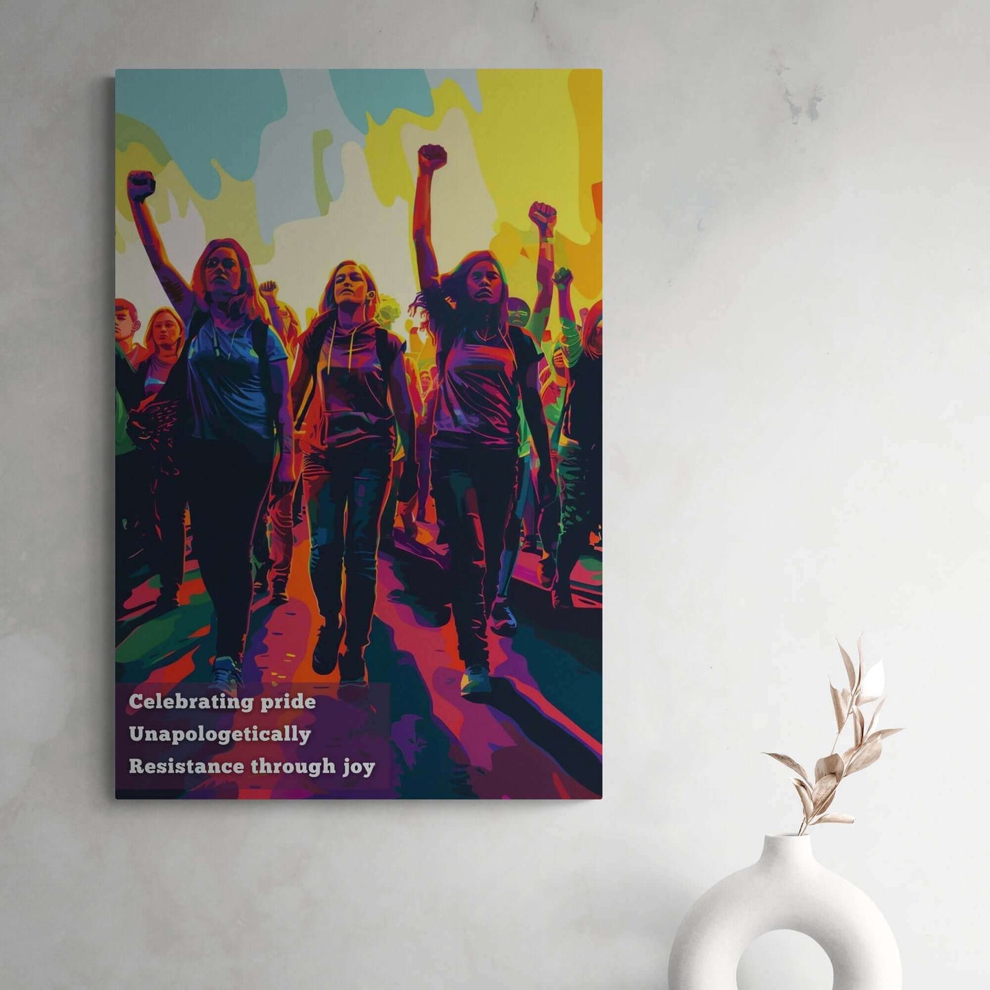 Empowering Resistance Pride Poster Wall Art Showing Fist-Raised Marchers Celebrating Joy and Unity, Inspired by Haiku