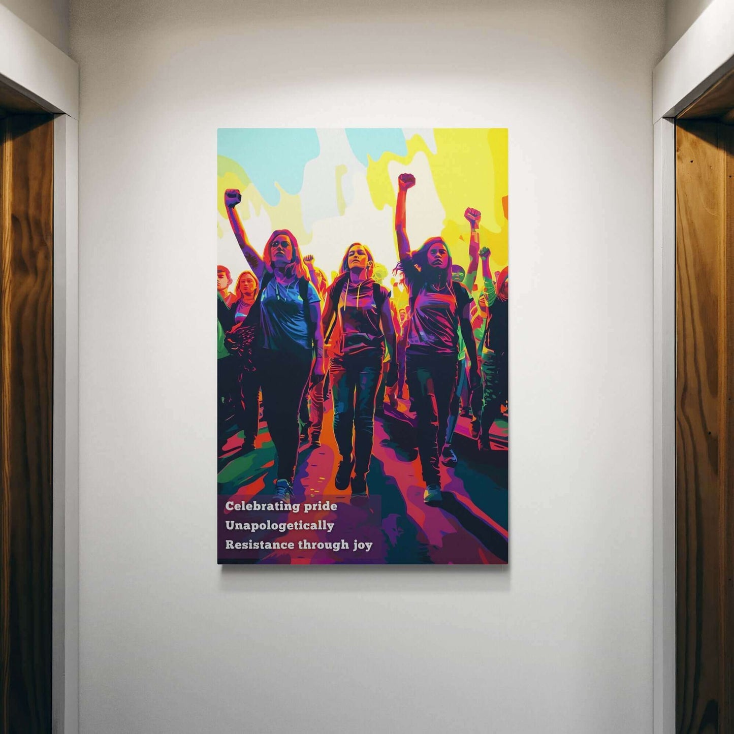 Empowering Resistance Pride poster wall art showing a vibrant march with individuals raising fists, inspired by unapologetic haiku.