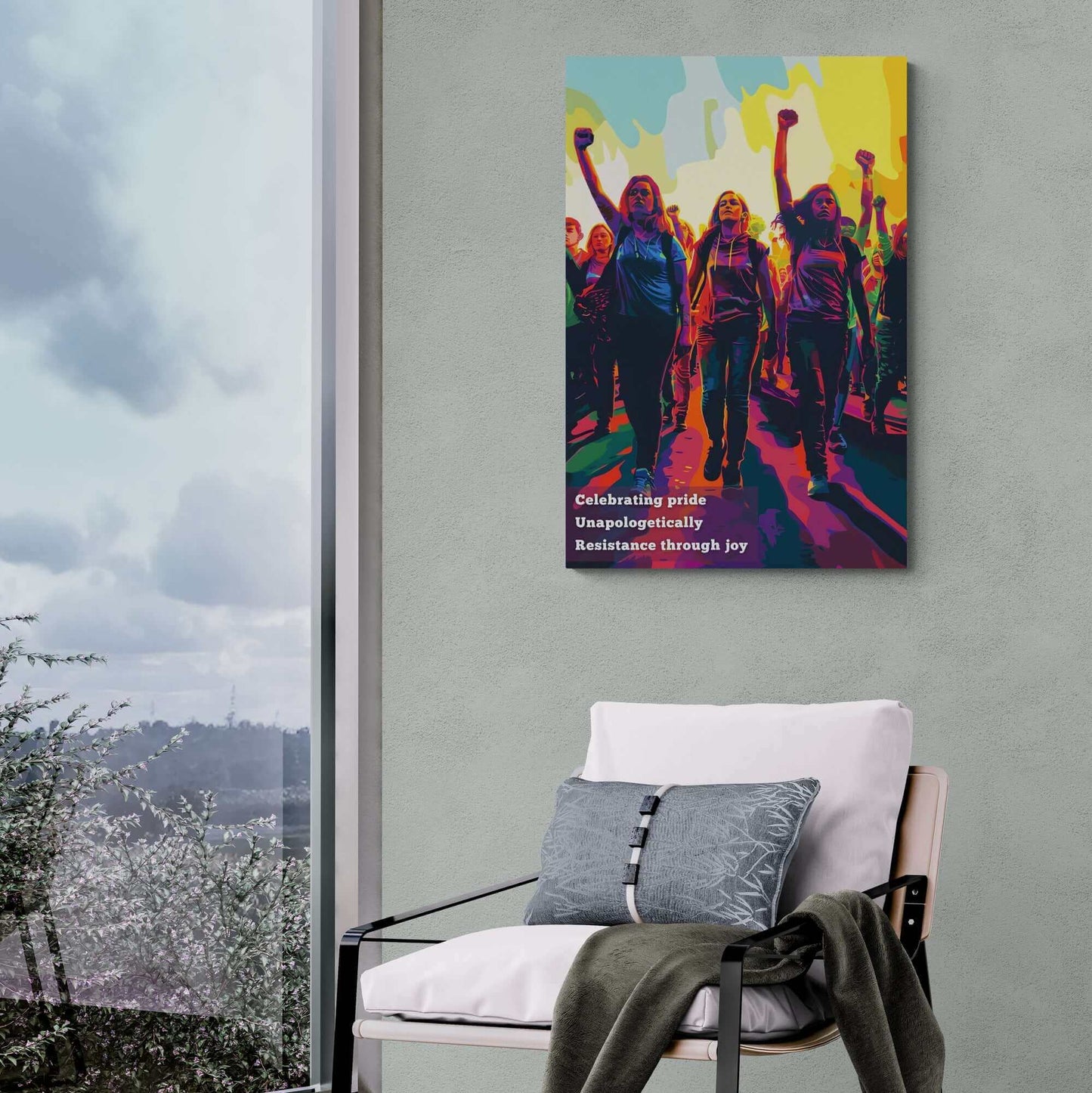 Pride poster wall art featuring individuals marching with fists raised, celebrating resistance and joy, inspired by an unapologetic haiku.