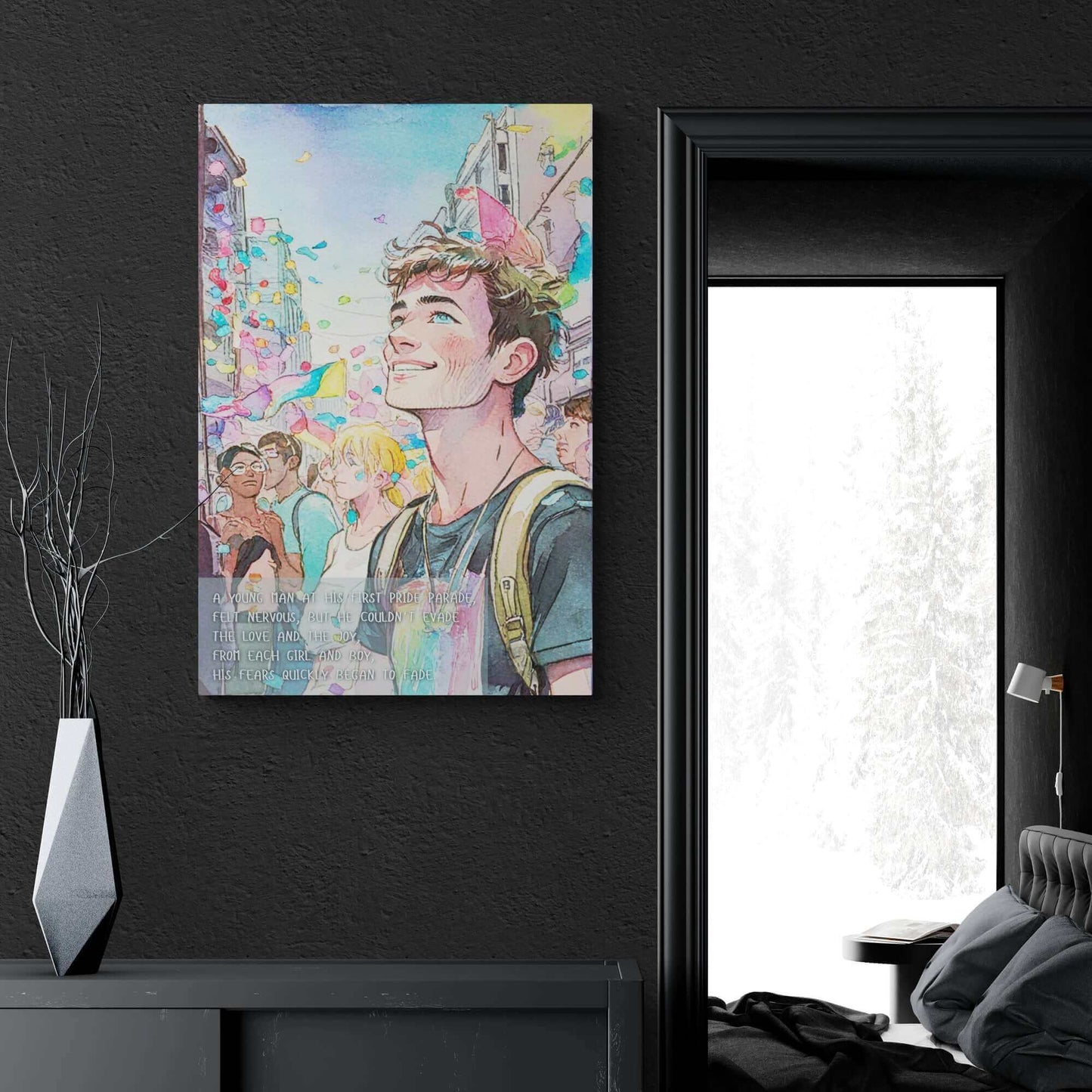 Joyful First: Vibrant Pride Parade Canvas Wall Art, Inspired by Colorful Limerick