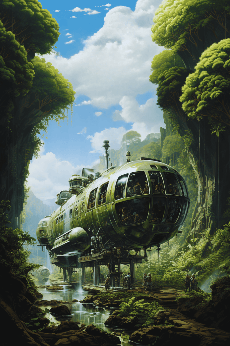 Advanced spaceship navigating a lush alien forest in a distant galaxy.