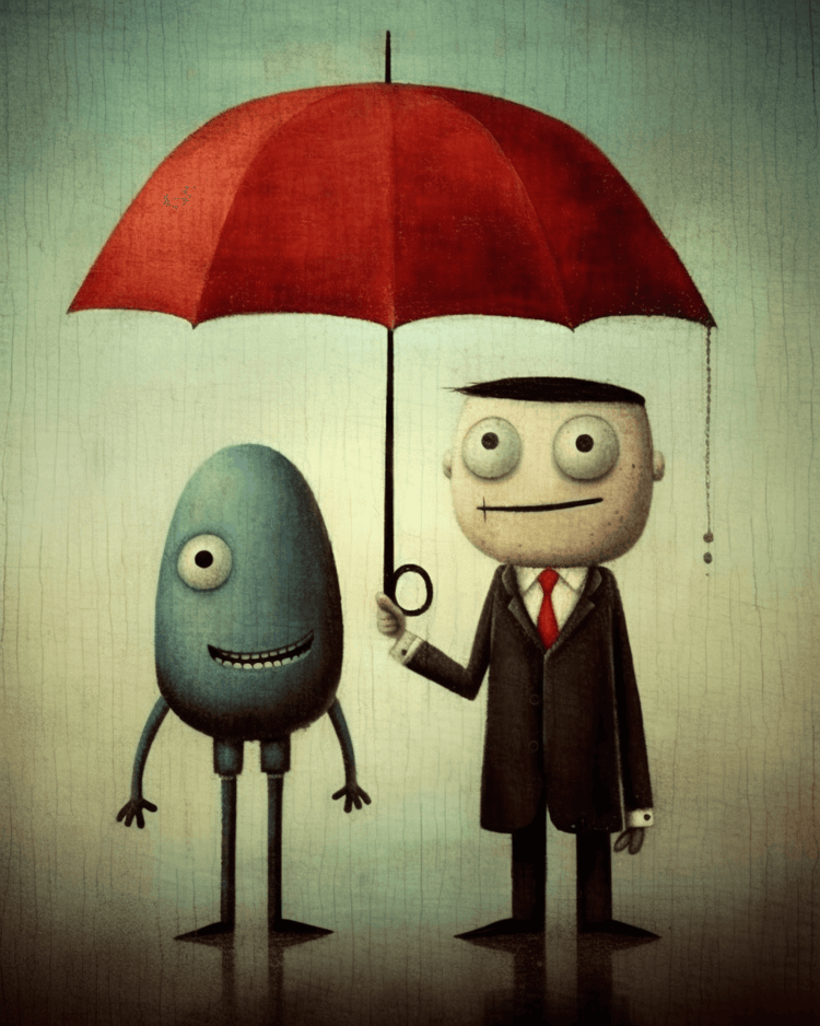 Whimsical AI-generated artwork of a friendly blue character and a smiling man with an umbrella, from the Kid Friendly collection.