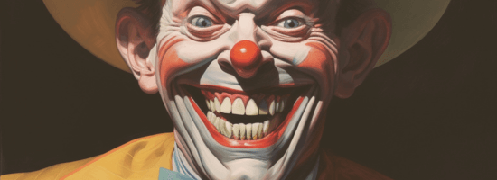 Horror collection AI-generated artwork of a creepy smiling clown with a red nose, embodying fear and macabre in eerie detail.