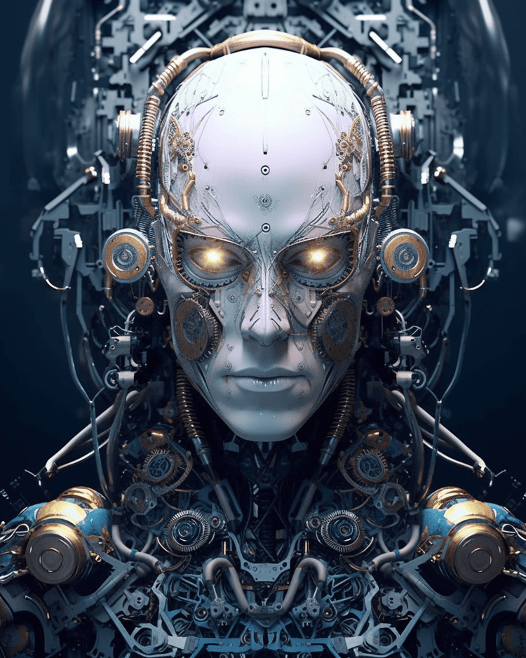 AI-generated artwork of a futuristic cyborg with glowing eyes, intricate cybernetic enhancements, and mechanical details.