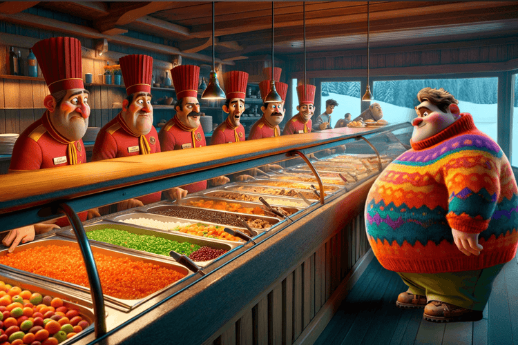 Funny AI-generated artwork of a whimsical character in a colorful sweater at a buffet.