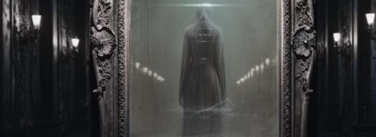 Gothic artwork featuring a mysterious figure in a long coat standing in front of an ornate mirror in a dimly lit, eerie hallway.