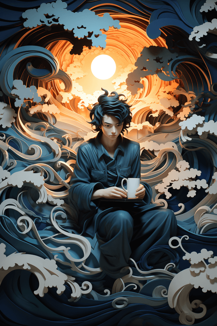 Meditative figure holding a mug surrounded by swirling wave patterns under a glowing full moon creating a serene and tranquil atmosphere.