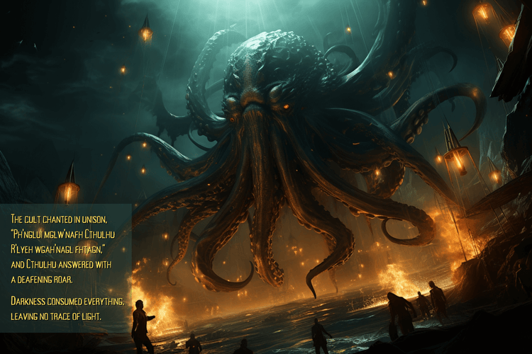 AI-generated Lovecraftian wall art featuring Cthulhu emerging from the sea amidst flames and cultists, evoking cosmic horror.