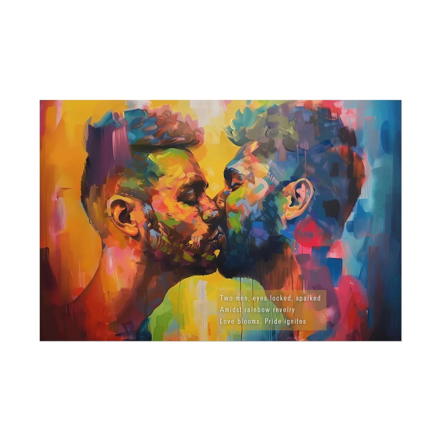 Vibrant Pride celebration poster wall art featuring a colorful kiss between two men, inspired by a haiku, titled "Love Blooms".